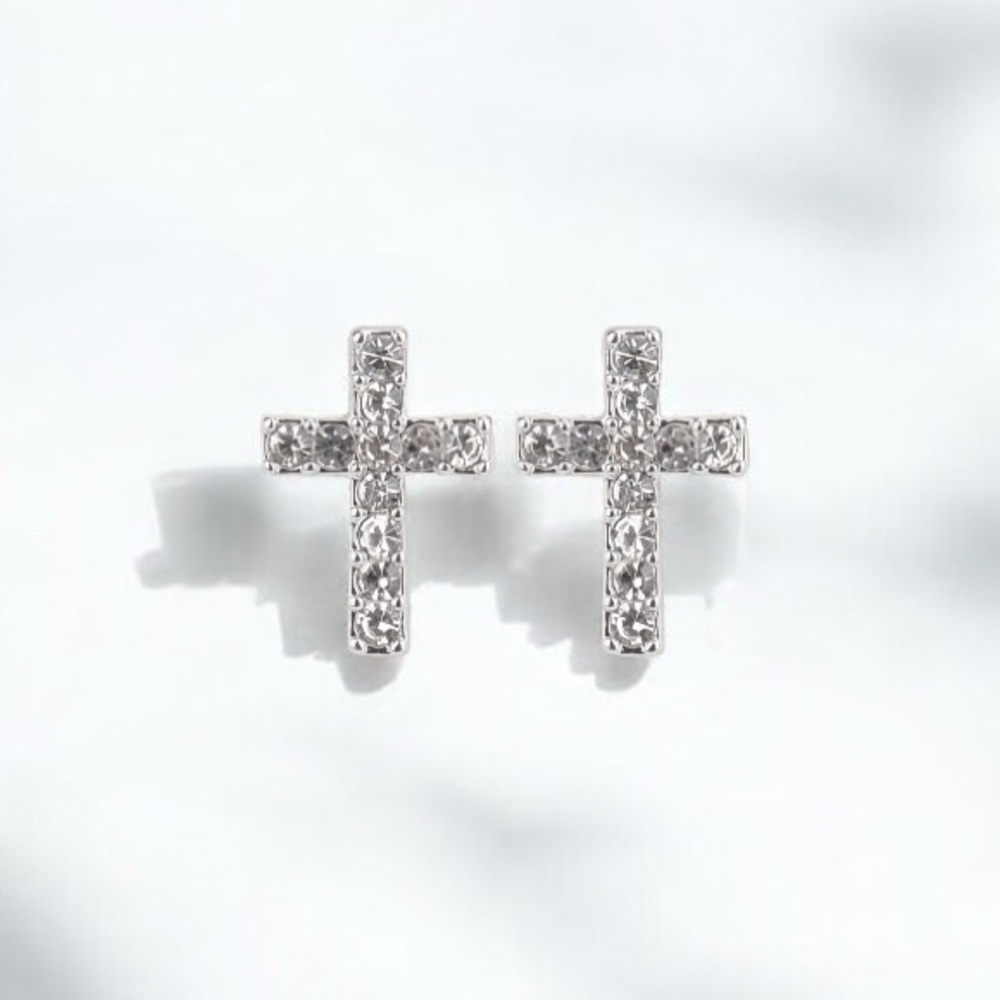 Silver Cross Rhinestone Earrings